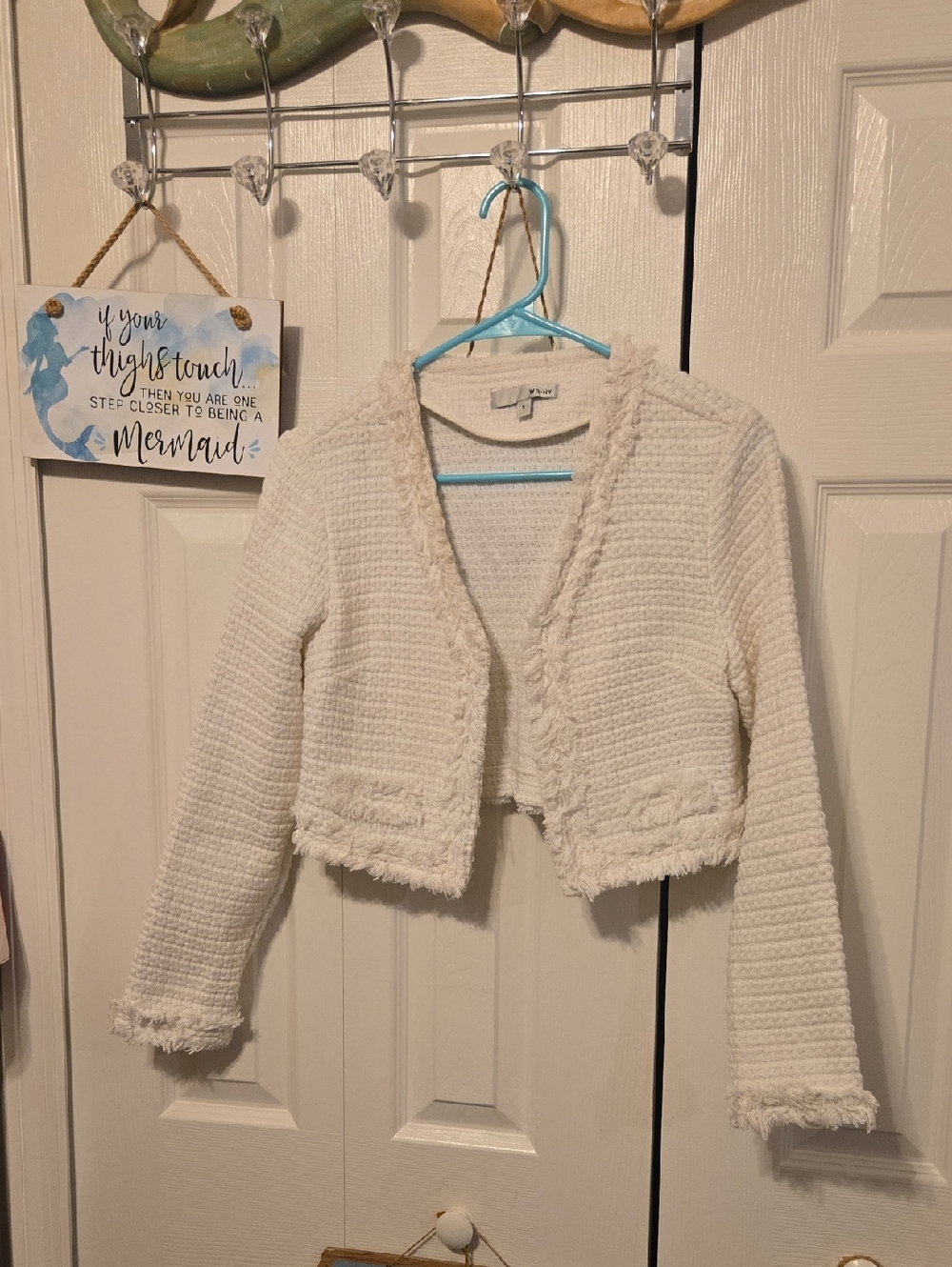 WD.NY Ivory Cropped Fringe Knit Blazer Jacket